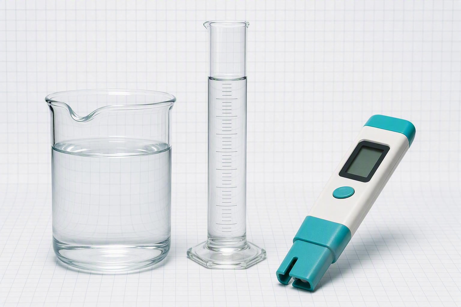 Beaker, graduated cylinder and water test meter on graph paper